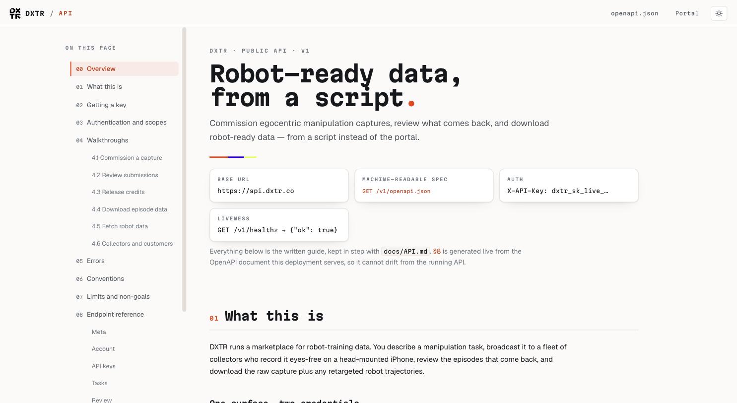 DXTR public API documentation — Robot-ready data from a script, with base URL, auth, and endpoint reference