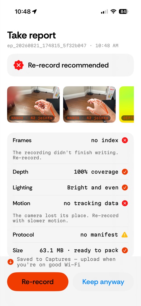 Eye app on-device quality report scoring frames, depth, lighting and motion